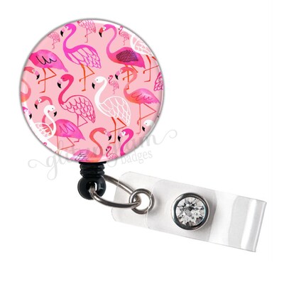 Flamingo Badge Holder, Tropical Bird Badge Reel, Flamingo Bird Retractable ID Badge Holder Reel, Bird Badge Holder, Pink Badge Reel - GG4233 - image1